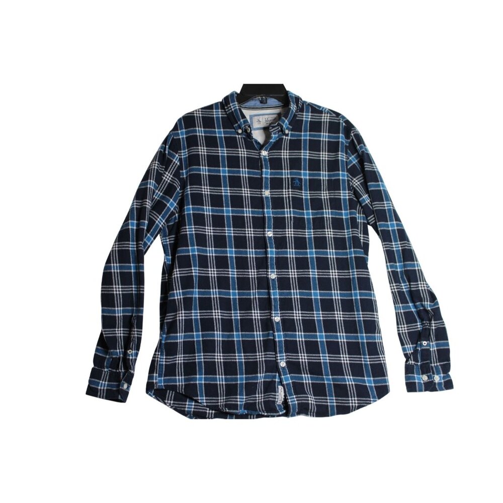 Penguin L/S Blue Plaid Flannel Button Down Shirt Mens Large
